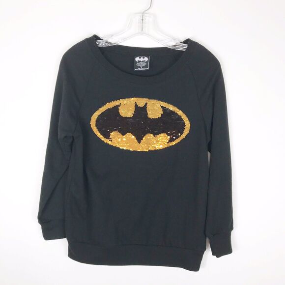 DC Comics Batman Sweatshirt Sequin Pullover Black Gold Small Unisex L/S Top Thin - Picture 1 of 9
